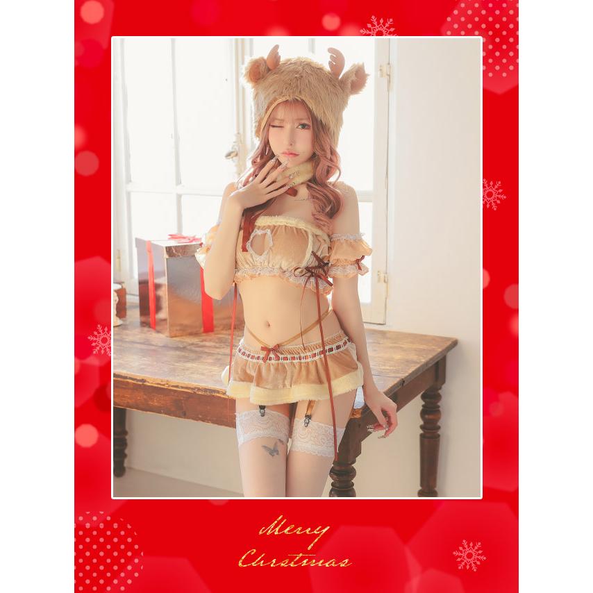 Tika サンタ コスプレ サンタコス 5点set オフショル風 谷間ハートカット フレア スカート ランジェリー トナカイ アニマル サンタコスプレ