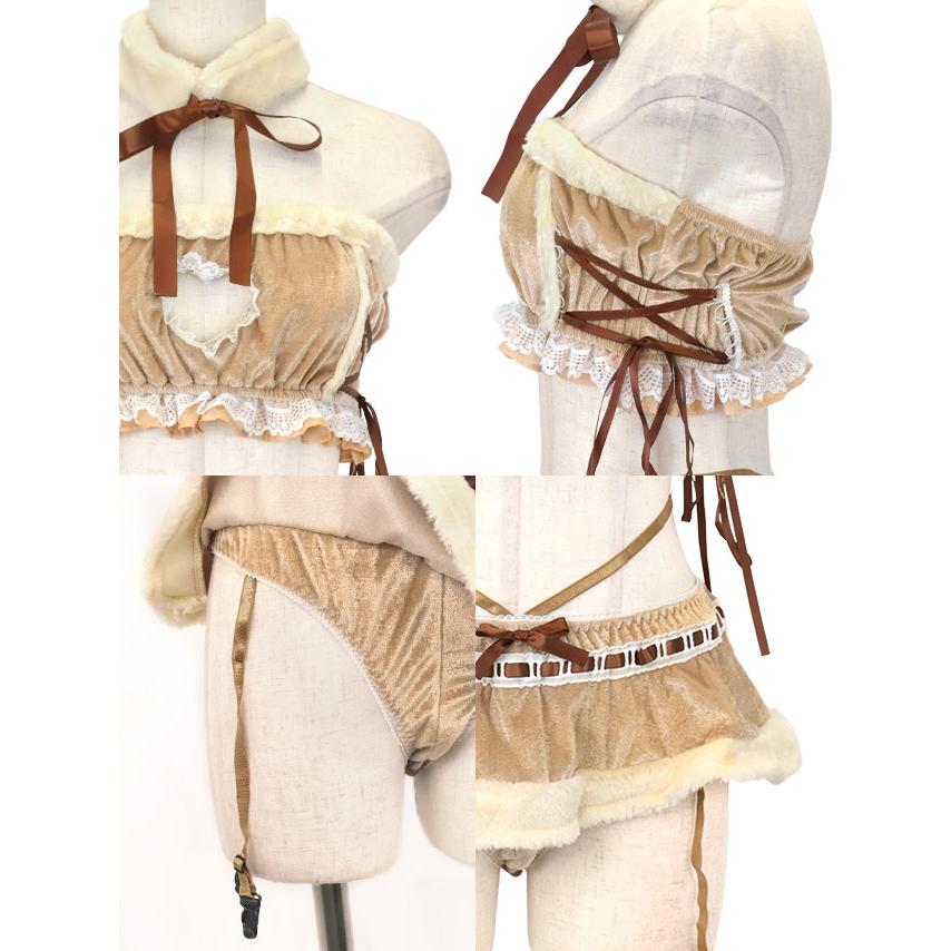 Tika サンタ コスプレ サンタコス 5点set オフショル風 谷間ハートカット フレア スカート ランジェリー トナカイ アニマル サンタコスプレ - 画像 (6)