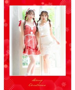 Tika サンタ コスプレ サンタコス 2点set ツイード リボン ウエストカット フレアスカート ガーリー ペア猫 アニマルサンタ コスプレドレス