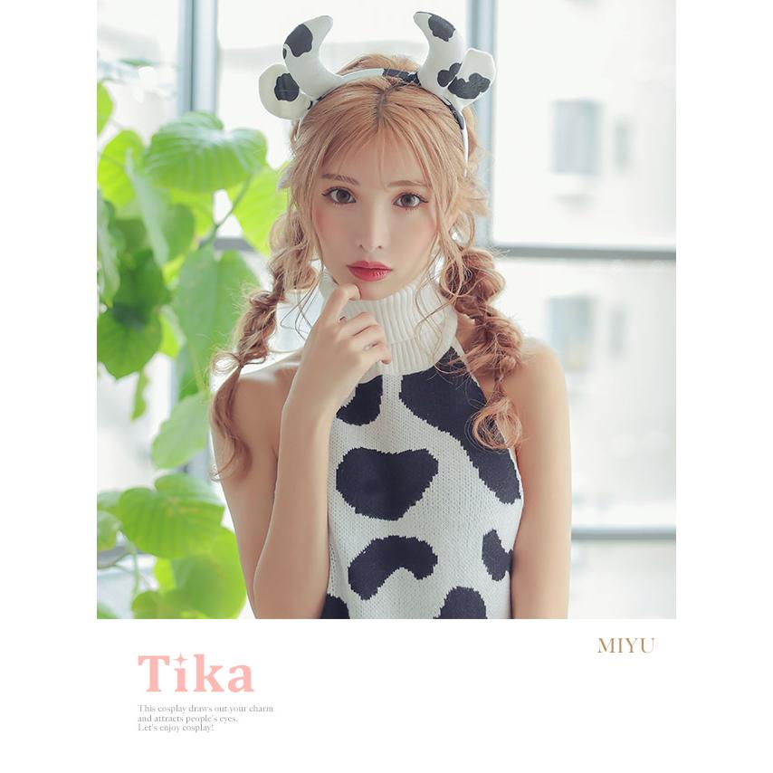 Tika ハロウィンコスプレ 牛 3点セット ワンピース カチューシャ ニーハイソックス ホワイト ブラック お化けの日