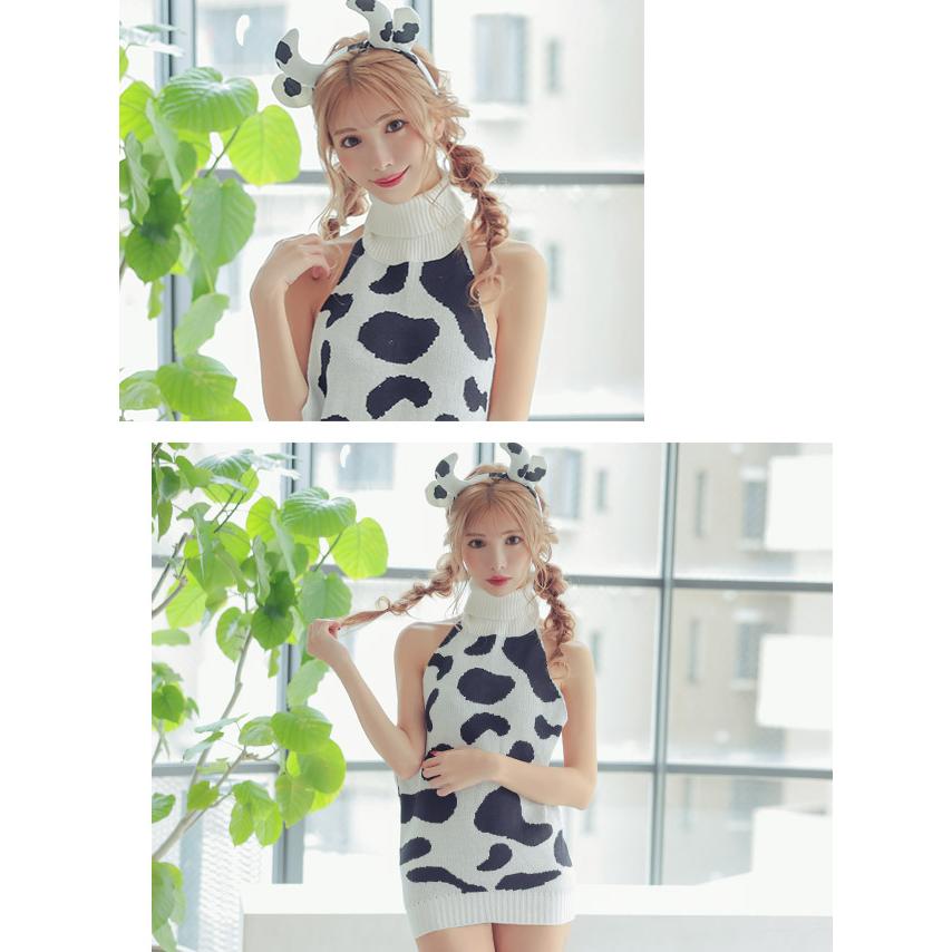 Tika ハロウィンコスプレ 牛 3点セット ワンピース カチューシャ ニーハイソックス ホワイト ブラック お化けの日 - 画像 (2)