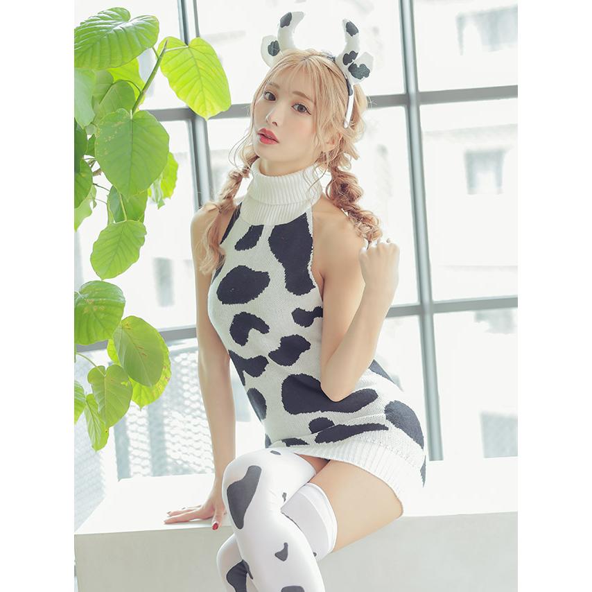 Tika ハロウィンコスプレ 牛 3点セット ワンピース カチューシャ ニーハイソックス ホワイト ブラック お化けの日 - 画像 (4)