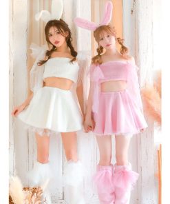 Tika ハロウィン かわいい バニー コスプレ 衣装 もこもこ ドットチュールリボン へそ出し フレアスカート ガーリー ツイン 7点セット
