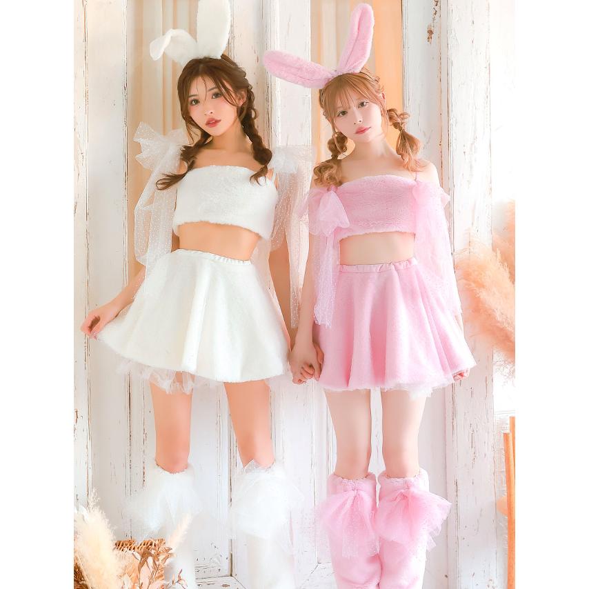 Tika ハロウィン かわいい バニー コスプレ 衣装 もこもこ ドットチュールリボン へそ出し フレアスカート ガーリー ツイン 7点セット