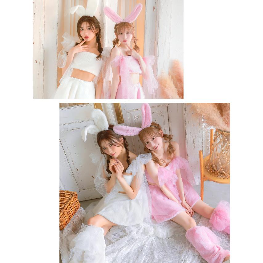 Tika ハロウィン かわいい バニー コスプレ 衣装 もこもこ ドットチュールリボン へそ出し フレアスカート ガーリー ツイン 7点セット - 画像 (2)