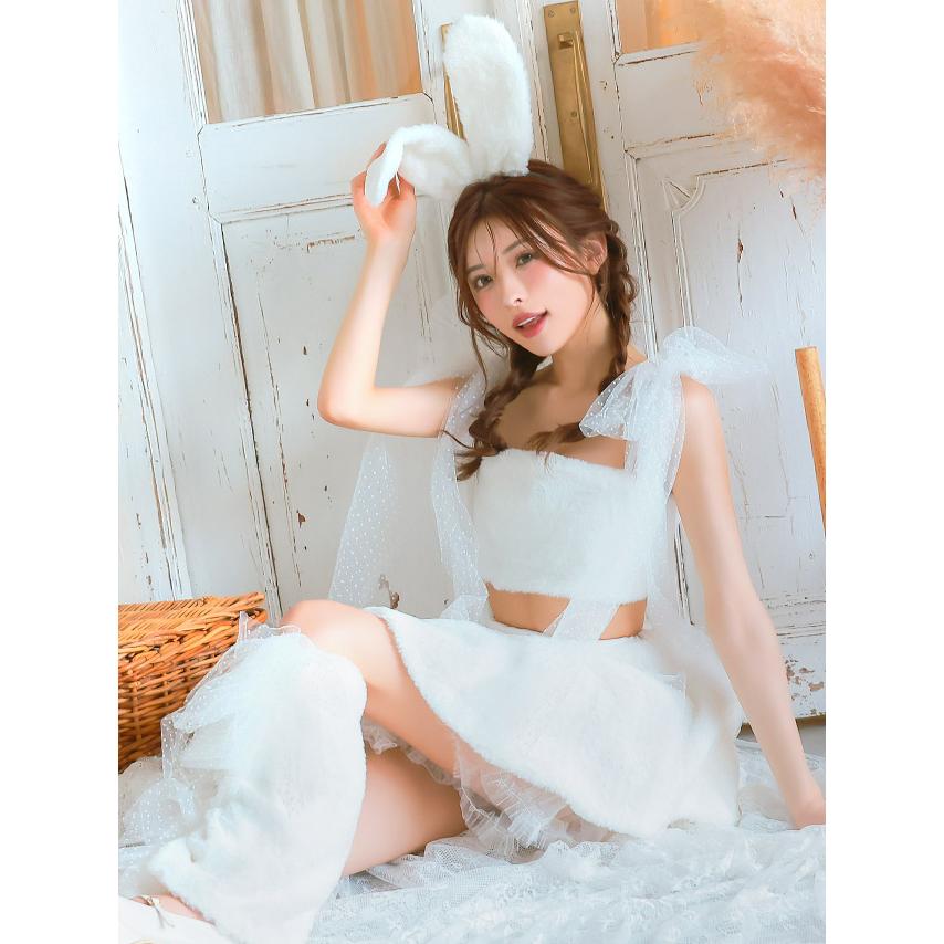Tika ハロウィン かわいい バニー コスプレ 衣装 もこもこ ドットチュールリボン へそ出し フレアスカート ガーリー ツイン 7点セット - 画像 (3)