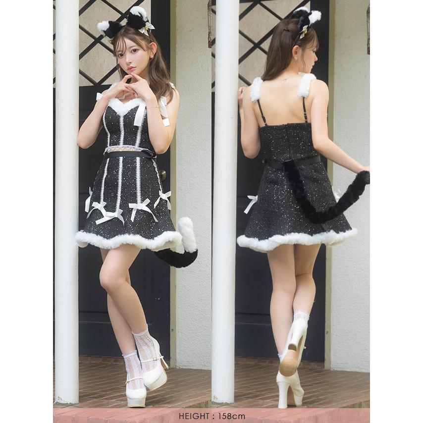 Tika ハロウィンコスプレ 猫 コスプレ かわいい ツイード リボン ガーリー へそ出し ウエストカットアウト アニマル 4点セット - 画像 (6)