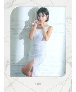 Tika キャバ ドレス ロングドレス ロング ワンピース ファー付き ワンショルダー キラキラス パンコール スリット タイト xxl