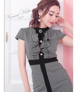 Tika キャバ ドレス キャバドレス 大きいサイズ ミニ キャバワンピ ブローチ付き 千鳥柄 パールボタン フリル タイト ミニドレス XL 2L