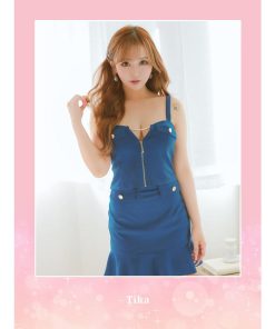 Tika キャバ ドレス キャミソール フロント シップ ゴールドボタン ストレッチ 裾フリル セットアップ タイト ミニドレス