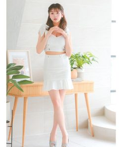 Tika キャバ ドレス キャバドレス ノースリーブ リボン ダブルボタン ストレッチ 裾フリル セットアップ 谷間魅せ タイトミニドレス