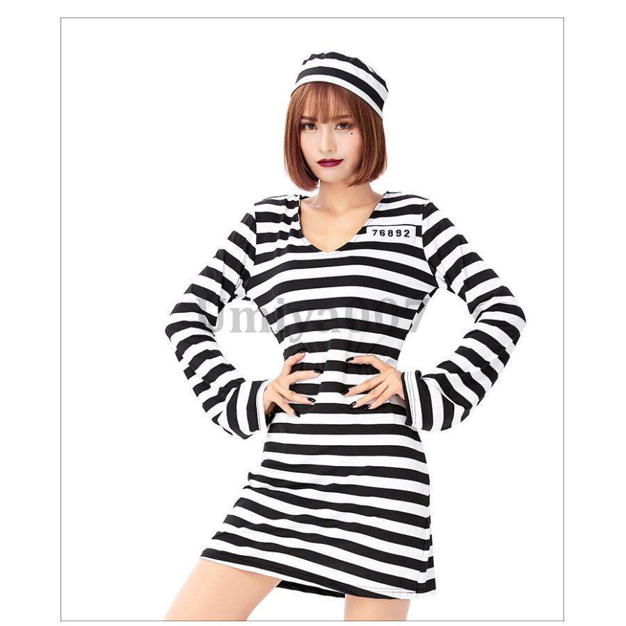 ハロウィン コスプレ 囚人 囚人服 プリズン コスチューム 仮装 ゾンビ 大人 可愛い 大きいサイズ 女性 キュート ワンピース - 画像 (2)