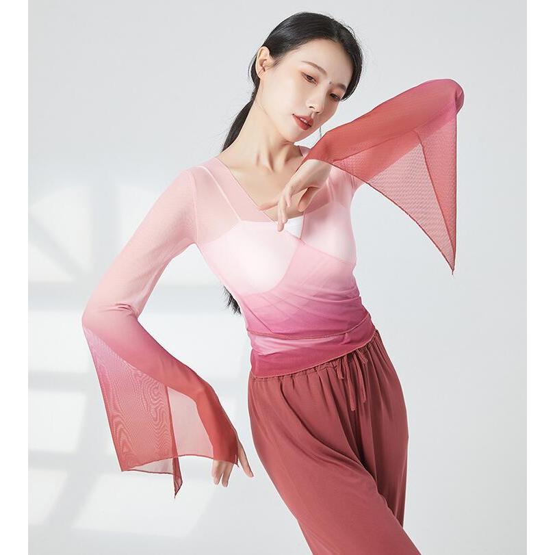 クラシカル ダンス 衣装 レディース グラデーション 古典ダンス 古典舞踊 バレエ 中国踊り 中華民族ダンス 練習着 レッスン着 長袖 袖スリット ラッパ袖 交