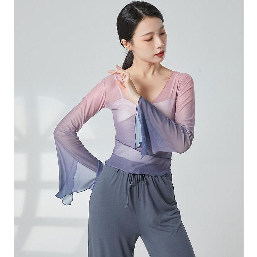 クラシカル ダンス 衣装 レディース グラデーション 古典ダンス 古典舞踊 バレエ 中国踊り 中華民族ダンス 練習着 レッスン着 長袖 袖スリット ラッパ袖 交 - 画像 (2)