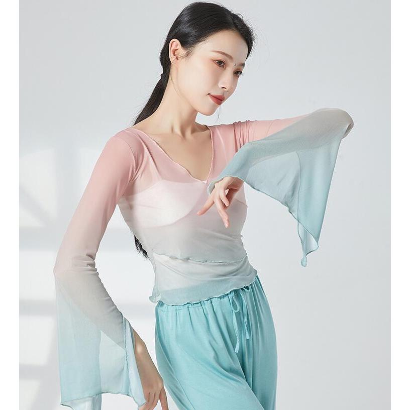 クラシカル ダンス 衣装 レディース グラデーション 古典ダンス 古典舞踊 バレエ 中国踊り 中華民族ダンス 練習着 レッスン着 長袖 袖スリット ラッパ袖 交 - 画像 (3)