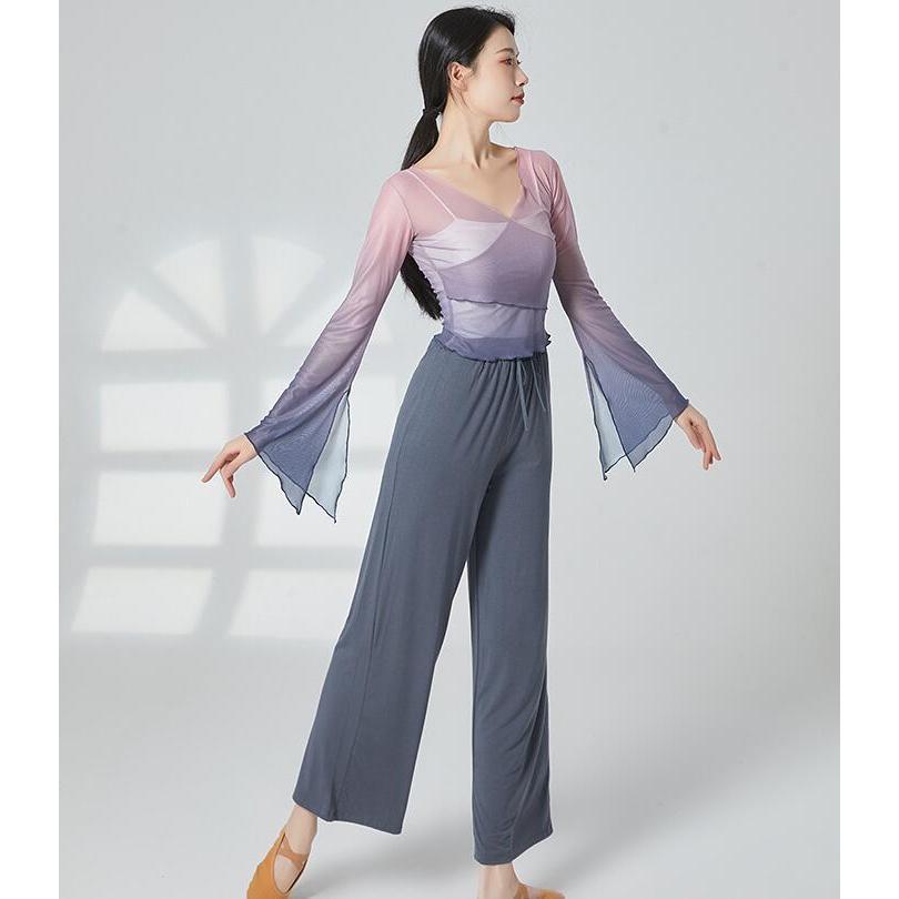 クラシカル ダンス 衣装 レディース グラデーション 古典ダンス 古典舞踊 バレエ 中国踊り 中華民族ダンス 練習着 レッスン着 長袖 袖スリット ラッパ袖 交 - 画像 (4)