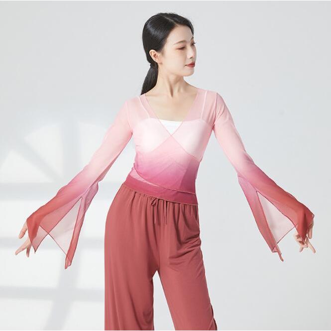 クラシカル ダンス 衣装 レディース グラデーション 古典ダンス 古典舞踊 バレエ 中国踊り 中華民族ダンス 練習着 レッスン着 長袖 袖スリット ラッパ袖 交 - 画像 (5)
