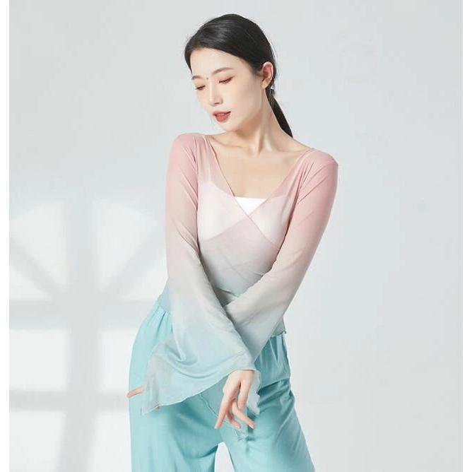 クラシカル ダンス 衣装 レディース グラデーション 古典ダンス 古典舞踊 バレエ 中国踊り 中華民族ダンス 練習着 レッスン着 長袖 袖スリット ラッパ袖 交 - 画像 (6)