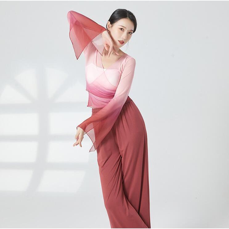 クラシカル ダンス 衣装 レディース グラデーション 古典ダンス 古典舞踊 バレエ 中国踊り 中華民族ダンス 練習着 レッスン着 長袖 袖スリット ラッパ袖 交 - 画像 (7)