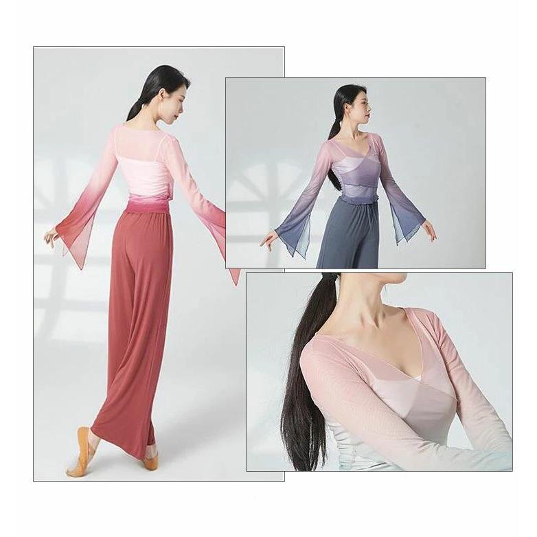 クラシカル ダンス 衣装 レディース グラデーション 古典ダンス 古典舞踊 バレエ 中国踊り 中華民族ダンス 練習着 レッスン着 長袖 袖スリット ラッパ袖 交 - 画像 (8)