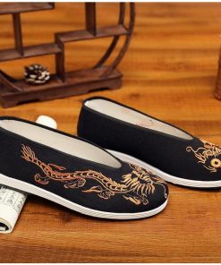 メンズ チャイナジュース チャイナ靴 パンプス 手作り 布靴 中華シューズ ローヒール エスニック 龍刺繍 金龍 黒龍 カジュアル 中華風 太極拳 シューズ 防臭 通