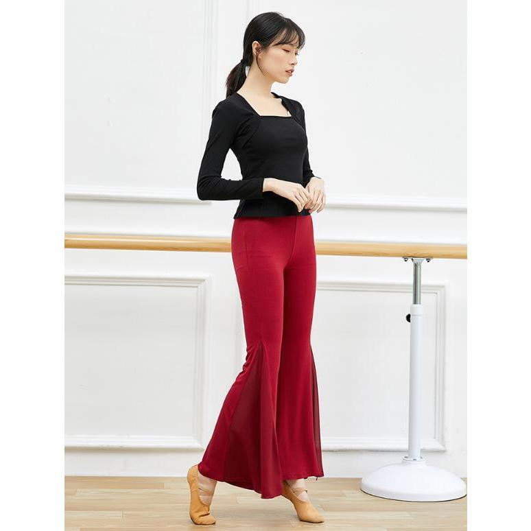 レディースダンスパンツ パンタロン調ベルボトム ガウチョパンツ ストレッチシフォン切替スリットラッパパンツ フレアパンツ ヨガラテンバレエ古典ダンス