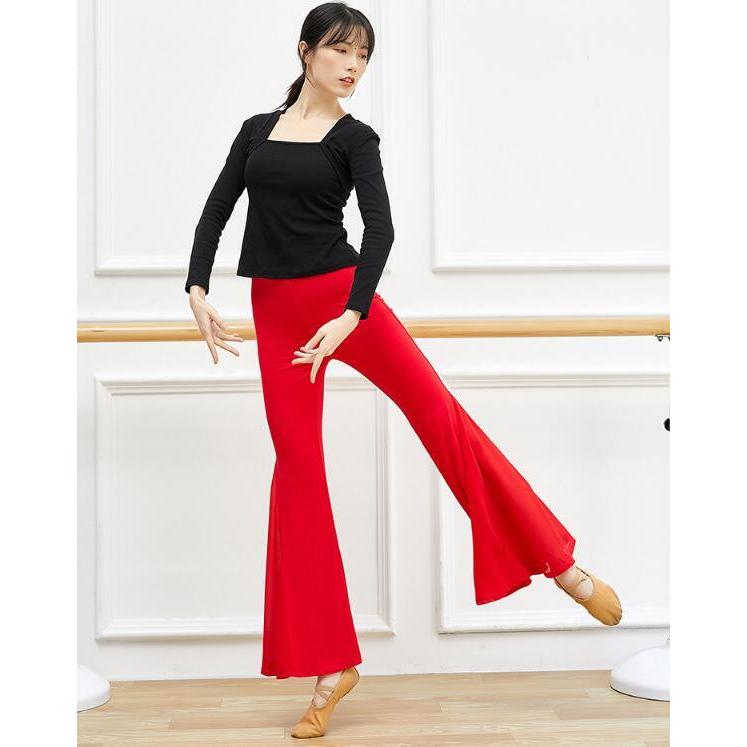 レディースダンスパンツ パンタロン調ベルボトム ガウチョパンツ ストレッチシフォン切替スリットラッパパンツ フレアパンツ ヨガラテンバレエ古典ダンス - 画像 (3)