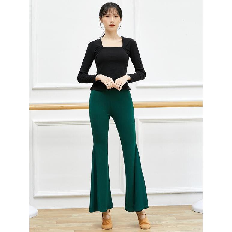 レディースダンスパンツ パンタロン調ベルボトム ガウチョパンツ ストレッチシフォン切替スリットラッパパンツ フレアパンツ ヨガラテンバレエ古典ダンス - 画像 (4)