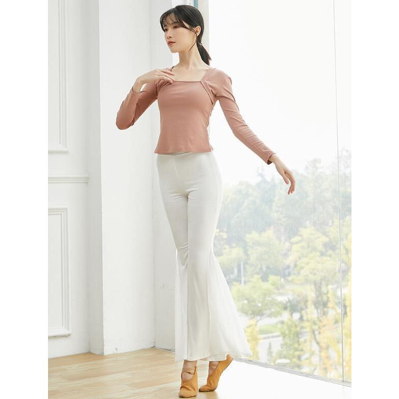 レディースダンスパンツ パンタロン調ベルボトム ガウチョパンツ ストレッチシフォン切替スリットラッパパンツ フレアパンツ ヨガラテンバレエ古典ダンス - 画像 (6)