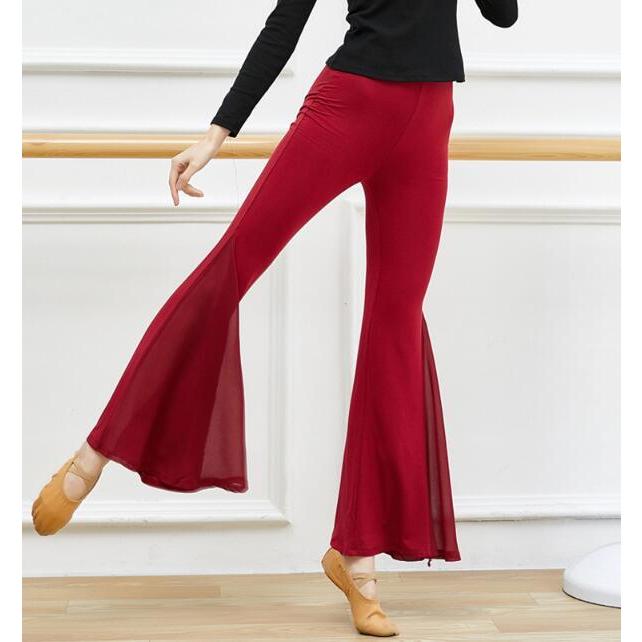 レディースダンスパンツ パンタロン調ベルボトム ガウチョパンツ ストレッチシフォン切替スリットラッパパンツ フレアパンツ ヨガラテンバレエ古典ダンス - 画像 (7)