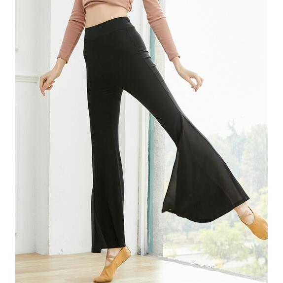 レディースダンスパンツ パンタロン調ベルボトム ガウチョパンツ ストレッチシフォン切替スリットラッパパンツ フレアパンツ ヨガラテンバレエ古典ダンス - 画像 (8)