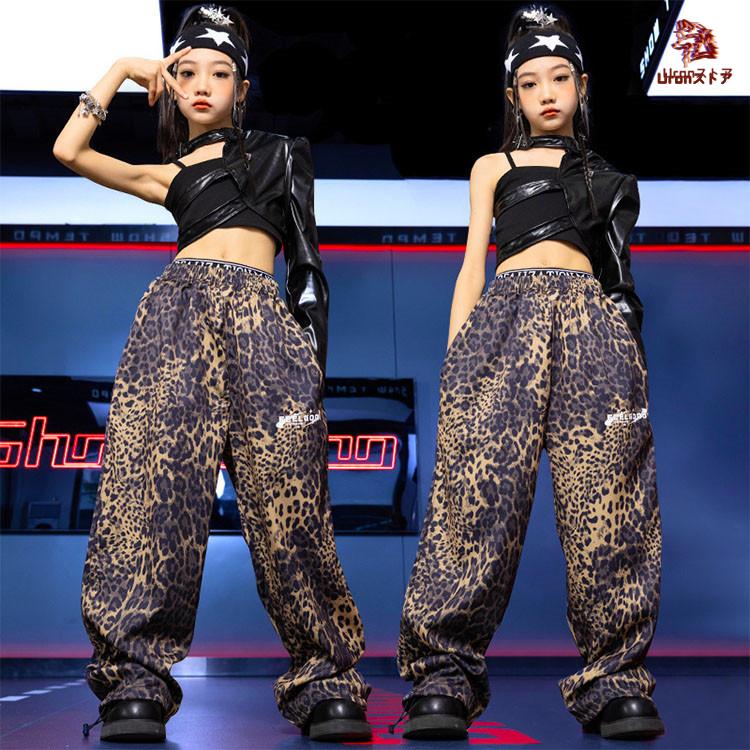 ブラック トップス 豹柄 ウェストパンツ キャミソール キッズ ダンス衣装 韓国 jazz セットアップ おしゃれ 女の子 かっこいい かわいい ゆったり 半袖 へそ出し - 画像 (2)