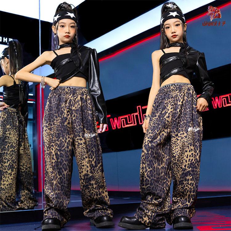 ブラック トップス 豹柄 ウェストパンツ キャミソール キッズ ダンス衣装 韓国 jazz セットアップ おしゃれ 女の子 かっこいい かわいい ゆったり 半袖 へそ出し - 画像 (3)