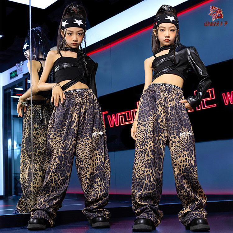 ブラック トップス 豹柄 ウェストパンツ キャミソール キッズ ダンス衣装 韓国 jazz セットアップ おしゃれ 女の子 かっこいい かわいい ゆったり 半袖 へそ出し - 画像 (4)