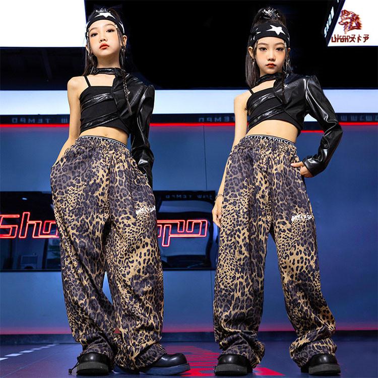 ブラック トップス 豹柄 ウェストパンツ キャミソール キッズ ダンス衣装 韓国 jazz セットアップ おしゃれ 女の子 かっこいい かわいい ゆったり 半袖 へそ出し - 画像 (5)