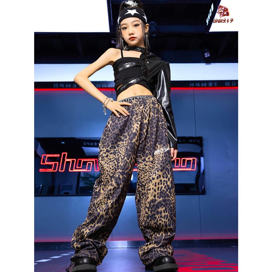 ブラック トップス 豹柄 ウェストパンツ キャミソール キッズ ダンス衣装 韓国 jazz セットアップ おしゃれ 女の子 かっこいい かわいい ゆったり 半袖 へそ出し - 画像 (7)