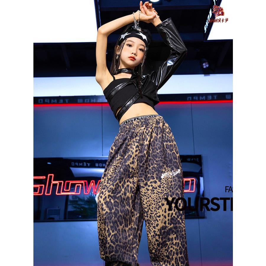 ブラック トップス 豹柄 ウェストパンツ キャミソール キッズ ダンス衣装 韓国 jazz セットアップ おしゃれ 女の子 かっこいい かわいい ゆったり 半袖 へそ出し - 画像 (9)