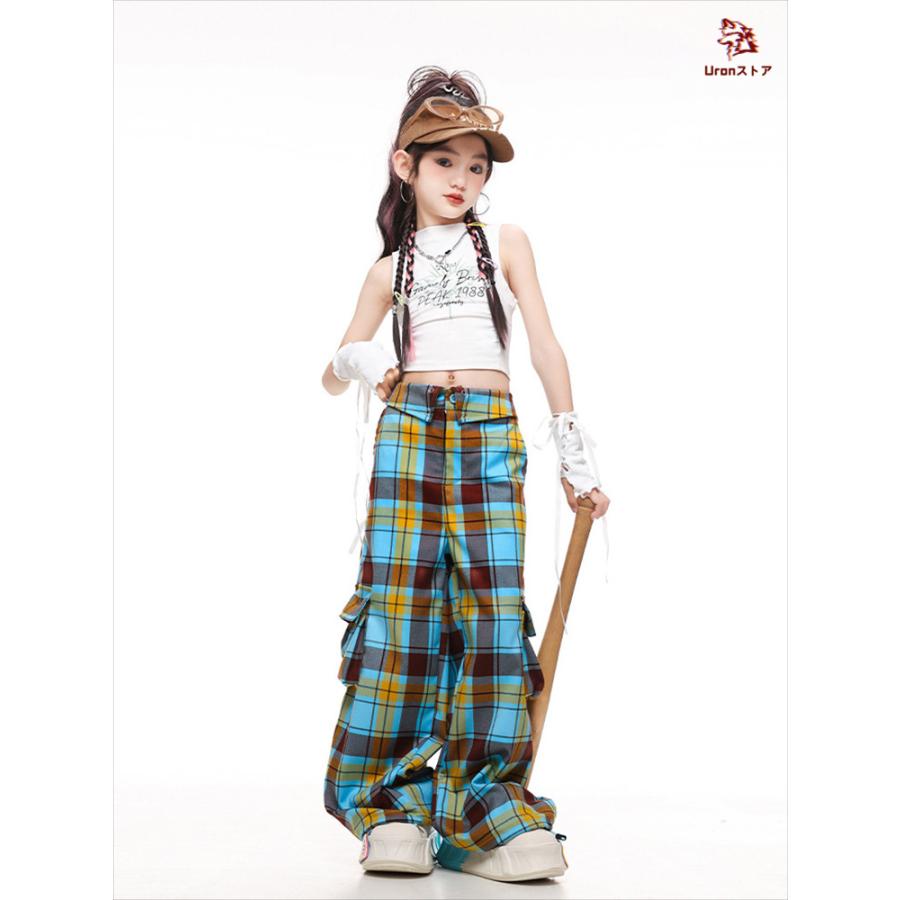 ホワイト ブルー チェック柄 白 キッズ ダンス衣装 タンクトップ カーゴパンツ セットアップ 女の子 jazz ジャズ ダンス チア チアリーダー へそ出し トップス - 画像 (2)