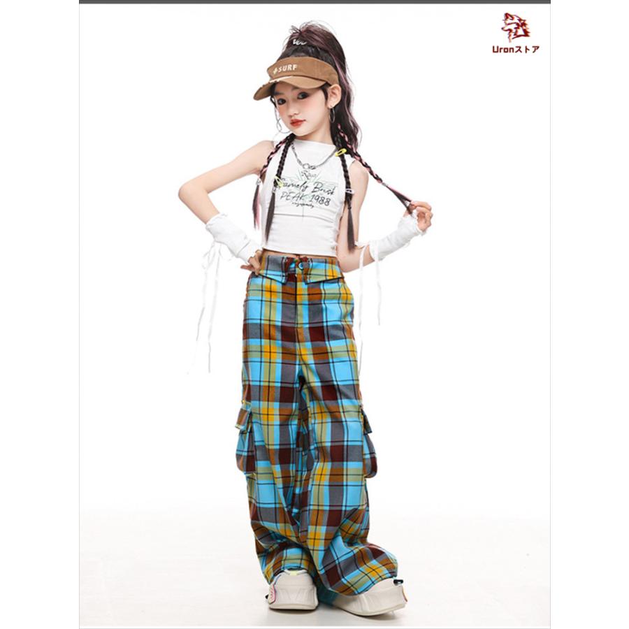 ホワイト ブルー チェック柄 白 キッズ ダンス衣装 タンクトップ カーゴパンツ セットアップ 女の子 jazz ジャズ ダンス チア チアリーダー へそ出し トップス - 画像 (3)