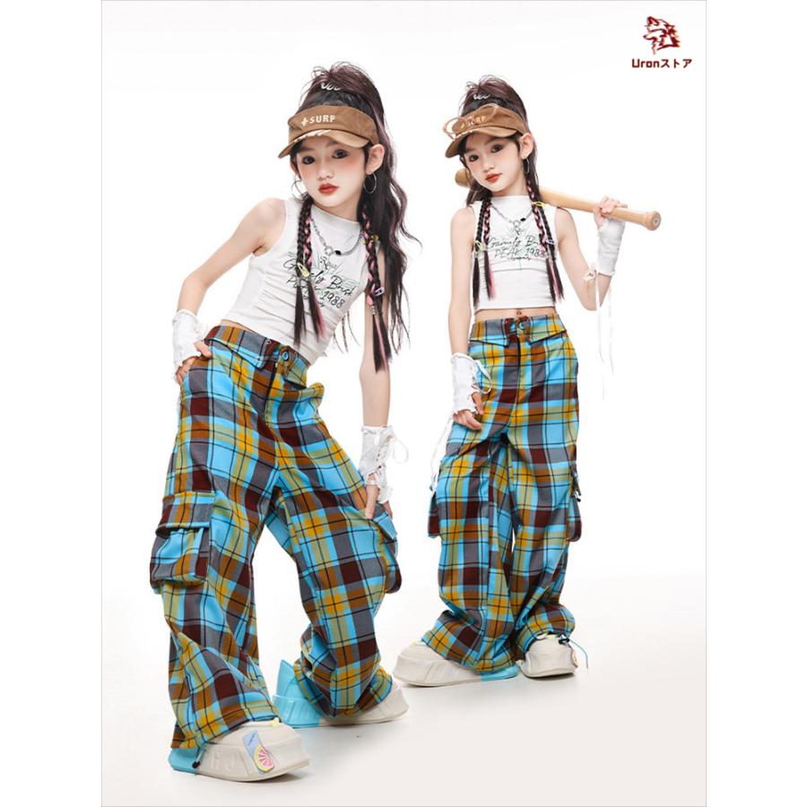 ホワイト ブルー チェック柄 白 キッズ ダンス衣装 タンクトップ カーゴパンツ セットアップ 女の子 jazz ジャズ ダンス チア チアリーダー へそ出し トップス - 画像 (4)