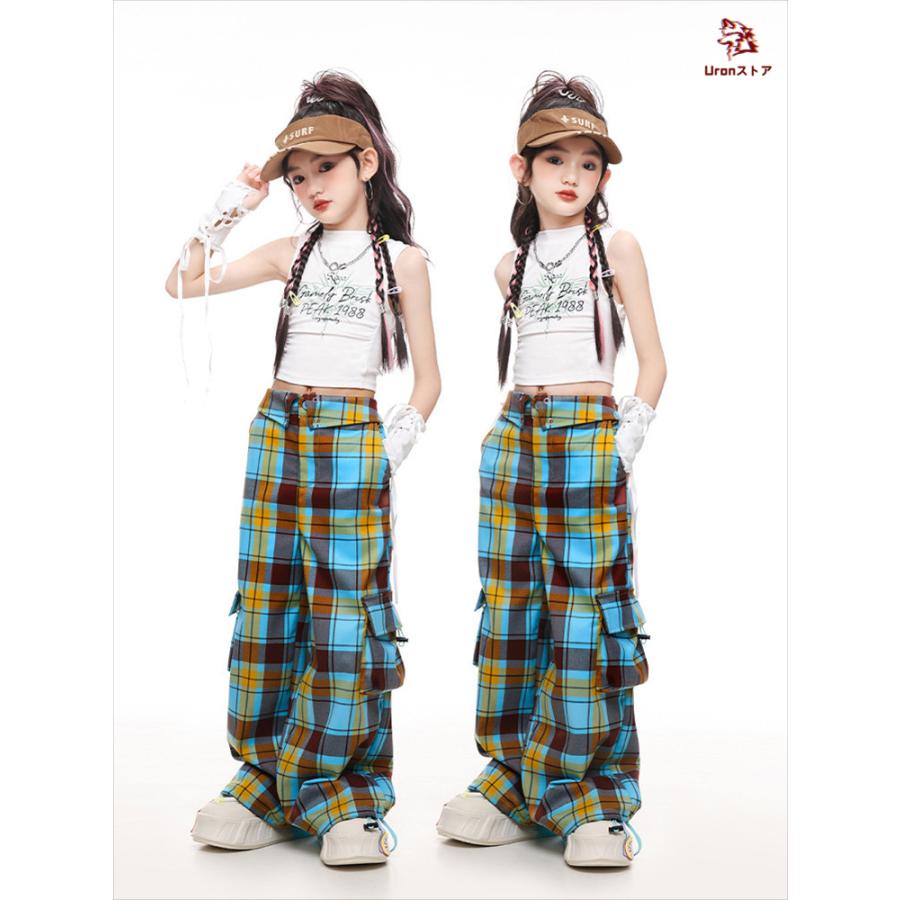 ホワイト ブルー チェック柄 白 キッズ ダンス衣装 タンクトップ カーゴパンツ セットアップ 女の子 jazz ジャズ ダンス チア チアリーダー へそ出し トップス - 画像 (6)