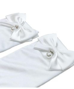 ウエディング グローブ ショート リボン 22cm ブライダル オフホワイト パール サテン ウエディンググローブ ショートグローブ パーティー 花嫁