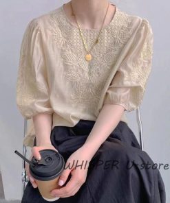 ブラウス レディース 40代 春夏 オシャレブラウス レースシャツ 半袖 刺繍 上品 パフスリーブブラウス 大人 通勤 ゆったり シャツ 韓国風 30代 50代