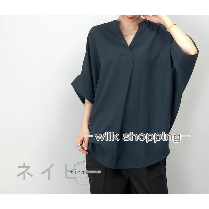 シフォンブラウス レディース シャツ 春服 夏服 五分袖 七分袖 ドルマンスリーブ トップス プルオーバー vネック チュニック丈 ゆったり フォーマル