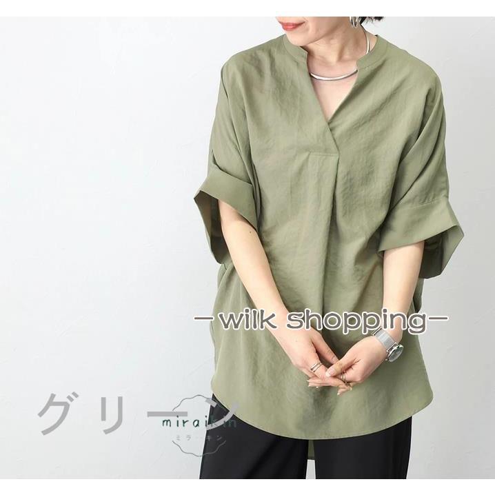 シフォンブラウス レディース シャツ 春服 夏服 五分袖 七分袖 ドルマンスリーブ トップス プルオーバー vネック チュニック丈 ゆったり フォーマル - 画像 (3)