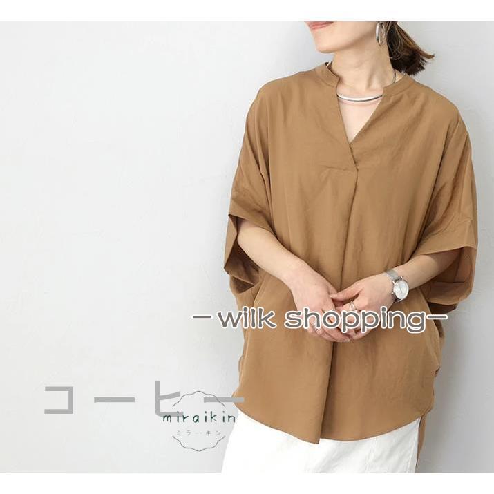 シフォンブラウス レディース シャツ 春服 夏服 五分袖 七分袖 ドルマンスリーブ トップス プルオーバー vネック チュニック丈 ゆったり フォーマル - 画像 (5)