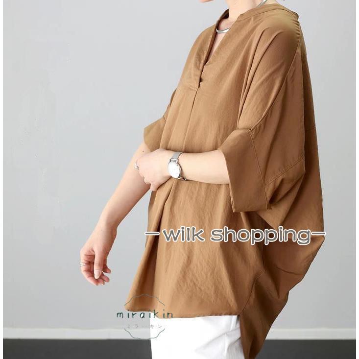 シフォンブラウス レディース シャツ 春服 夏服 五分袖 七分袖 ドルマンスリーブ トップス プルオーバー vネック チュニック丈 ゆったり フォーマル - 画像 (6)