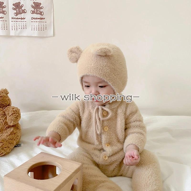 ベビー ロンパース くまちゃん 着ぐるみ もこもこ カバーオール ベビー服 足つき くま耳 ボンネットつき 男の子 女の子 長袖 おしゃれ 可愛い 66 73 80 90 100 - 画像 (3)