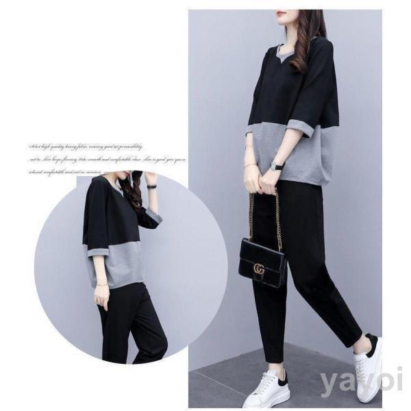 セットアップ レディース 春夏 半袖 5分袖シャツ カットソー スウェット スポーツウェア ルームウエア 九分丈パンツ パーカー 部屋着 ジャージ カジュアル - 画像 (2)