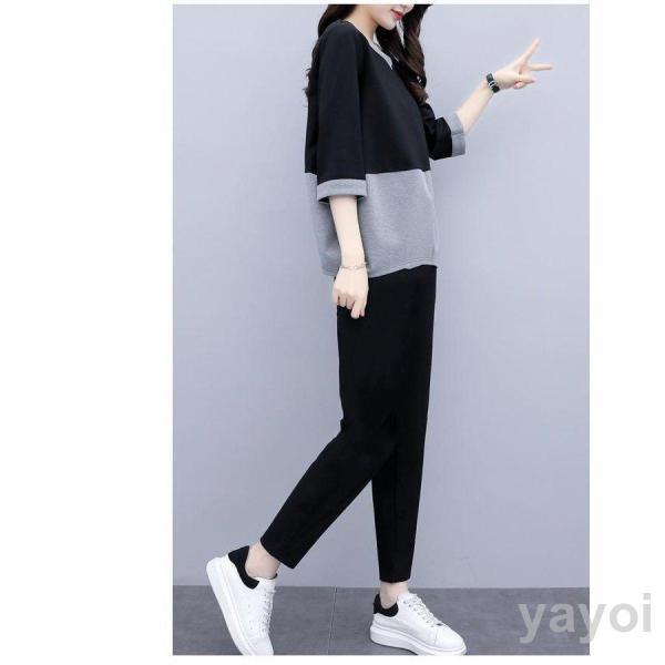 セットアップ レディース 春夏 半袖 5分袖シャツ カットソー スウェット スポーツウェア ルームウエア 九分丈パンツ パーカー 部屋着 ジャージ カジュアル - 画像 (4)